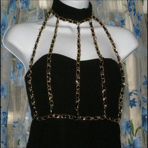 Super Sexy NEW Womens GOLD CHAIN Collar MIDI Strapless Bodycon BLACK DRESS S